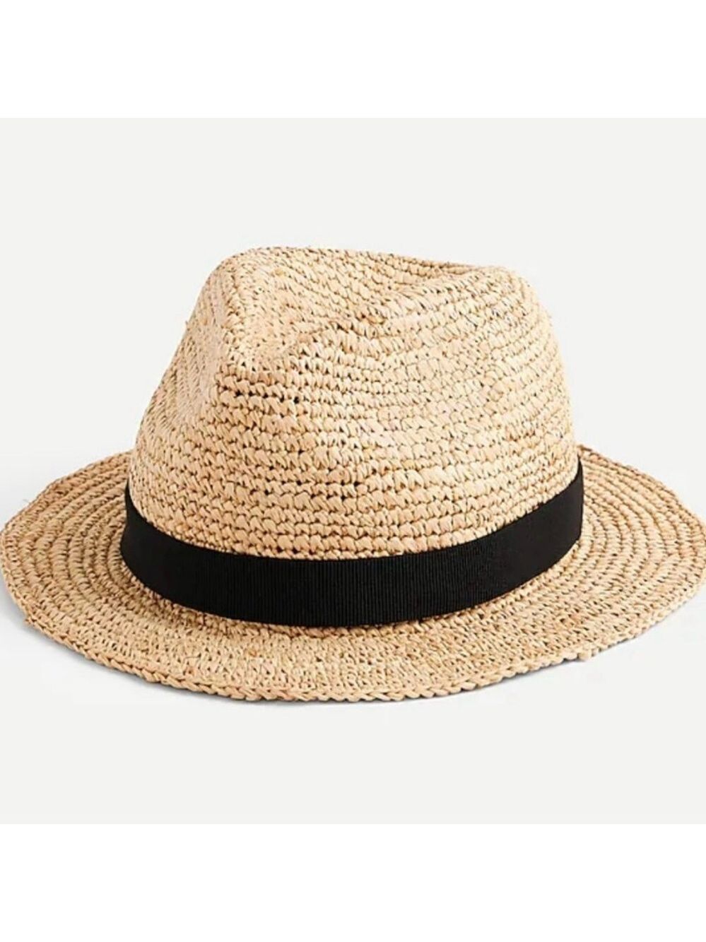 J. CREW Straw Hat Fedora Black Ribbon Trim Women M/L Sun Packable Paper
